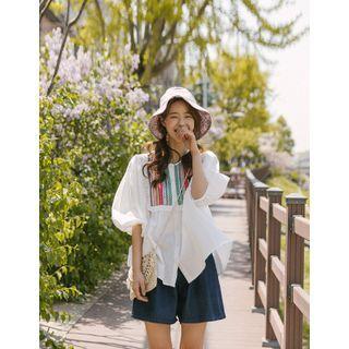 Balloon-sleeve Embroidered Panel Blouse White - One Size