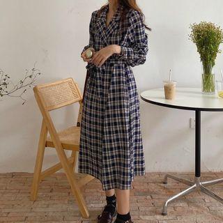 Double Breasted Plaid Midi A-line Coat Dress