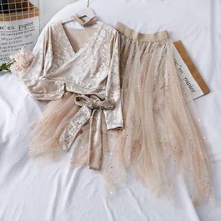 Set: Wrapped Velvet Crop Top + Sequined Mesh A-line Skirt