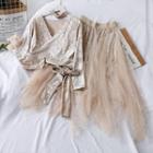 Set: Wrapped Velvet Crop Top + Sequined Mesh A-line Skirt