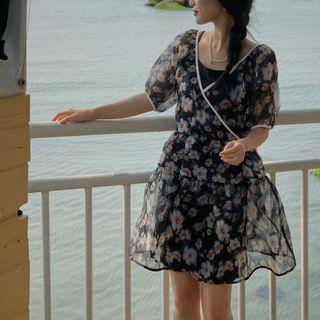 Set: Short-sleeve Floral Midi A-line Dress + Slipdress