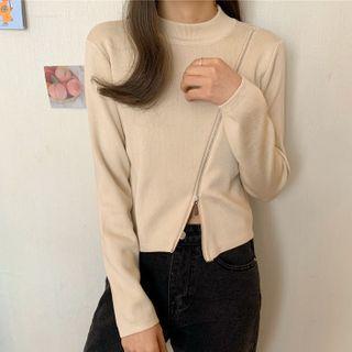 Long-sleeve Asymmetrical Zip-accent Knit Top