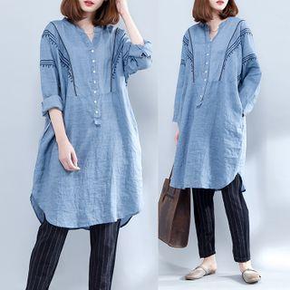 Linen Overhead Long Shirt Blue - One Size