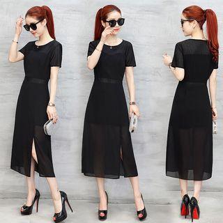 Short-sleeve Panel Chiffon Midi Dress