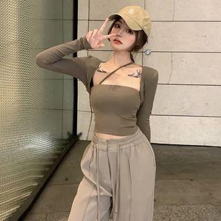 Mock Two-piece Long-sleeve Crop Top / Wide Leg Pants