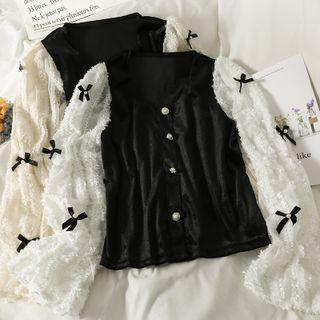Patchwork Ribbon-accent Square-neck Velvet Shirt