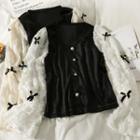 Patchwork Ribbon-accent Square-neck Velvet Shirt
