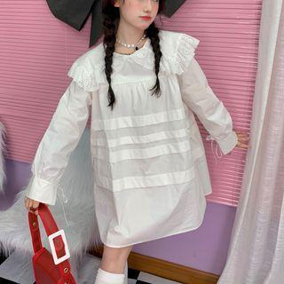 Long-sleeve Collar Lace Trim Mini Smock Dress White - One Size