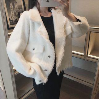 Furry Fringed Buttoned Jacket / Long-sleeve Midi Rib-knit Dress