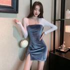 Square-neck Velvet Panel Mini Bodycon Dress