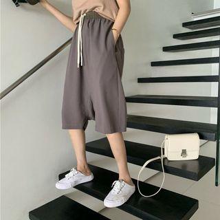 Short-sleeve Hooded Knit Top / Drawstring Cropped Baggy Pants