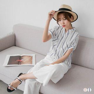 Striped Banded Collar Shirt