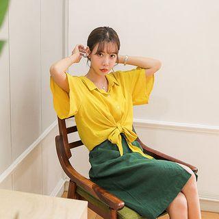 Elbow-sleeve Tie-hem Blouse