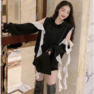 Off-shoulder Ruffled Hooded Pullover