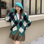 V-neck Plaid Button-up Cardigan Green - One Size