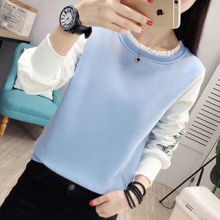 Mock Two-piece Embroidered Frill Trim Sweatshirt