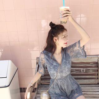 V-neck Lace Elbow-sleeve Playsuit