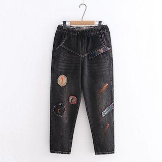 Embroidered Lace-up High-waist Jeans