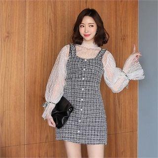 Set: Tweed Mini Pinafore Dress + Sheer Lace Blouse