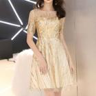 Short-sleeve Sequined Cocktail Dress