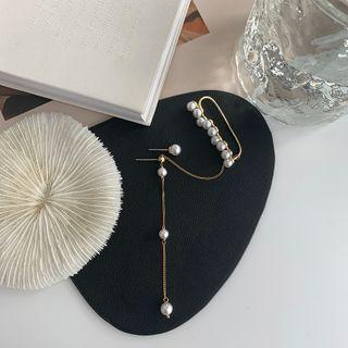 Faux Pearl Asymmetrical Dangle Earring 1 Pair - S925 Sterling Silver - Gold - One Size