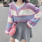 Set: Colored Panel Sweater + A-line Mini Skirt Sweater - Purple & White - One Size / Skirt - Gray - One Size