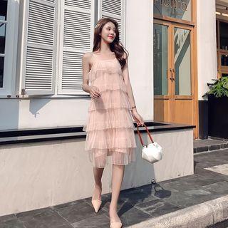 Spaghetti Strap Mesh Tiered Midi Dress