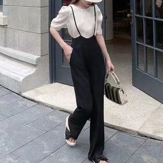 Set: Puff-sleeve Blouse + Wide Leg Jumper Pants