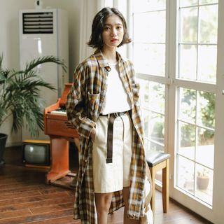 Long-sleeve Plaid Shirt Dress Light Brown - One Size