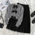 Bow Gingham Blouse / Velvet Midi Skirt
