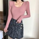 Plain Long Sleeve Top / Plaid Skirt