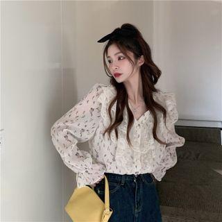 V-neck Floral Blouse Floral - White - One Size