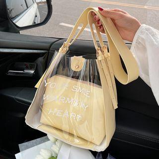 Set: Lettering Pvc Panel Tote Bag + Pouch
