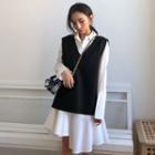 Knit Vest / Long-sleeve Mini Shirt Dress