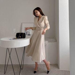 Tweed-panel Flared Long Dress With Belt