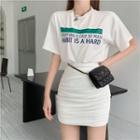 Lettering T-shirt / Shirred Mini Pencil Skirt