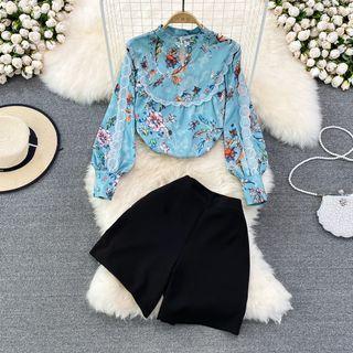 Set: Long Sleeve Printed Shirt + Wide Leg Shorts