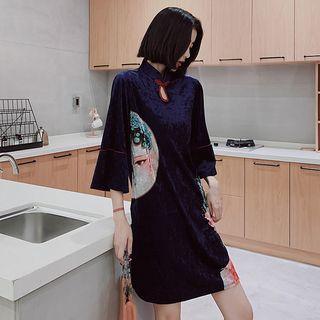 Printed 3/4-sleeve T-shirt Dress Chinese Opera - Navy Blue - One Size