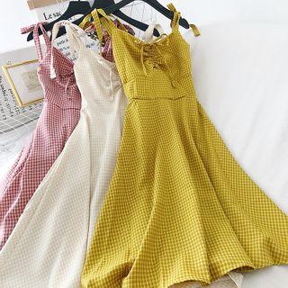 Ruched Front Plaid Sleeveless Midi Dress