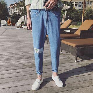 Bird Print Applique Tapered Jeans