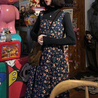 Midi Floral Pinafore Dress Tangerine Flower - Navy Blue - One Size