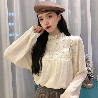 Mock-neck Floral Printed Blouse Almond - One Size