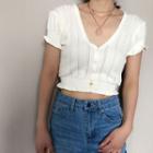 Short-sleeve Perforated Buttoned Knit Cropped Top