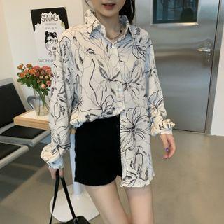 Long-sleeve Polo-collar Tie-dye Print Shirt
