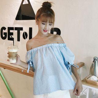 Off-shoulder Plaid Short-sleeve Chiffon Top