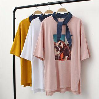 Short-sleeve Tie-neck Long Top