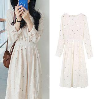 Long-sleeve Tie-waist Dotted Midi A-line Dress