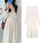 Long-sleeve Tie-waist Dotted Midi A-line Dress