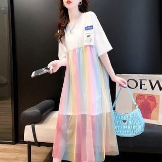 Short-sleeve Striped Mesh Overlay T-shirt Dress