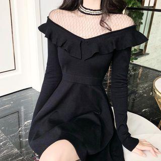 Long-sleeve Ruffle Trim Mesh Panel Dress As Shown In Figure - One Size
